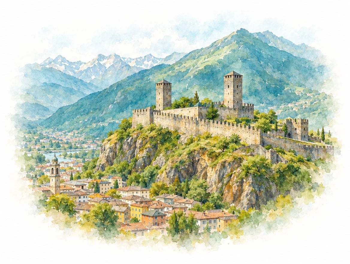Illustrazione ad acquerello della città di Bellinzona