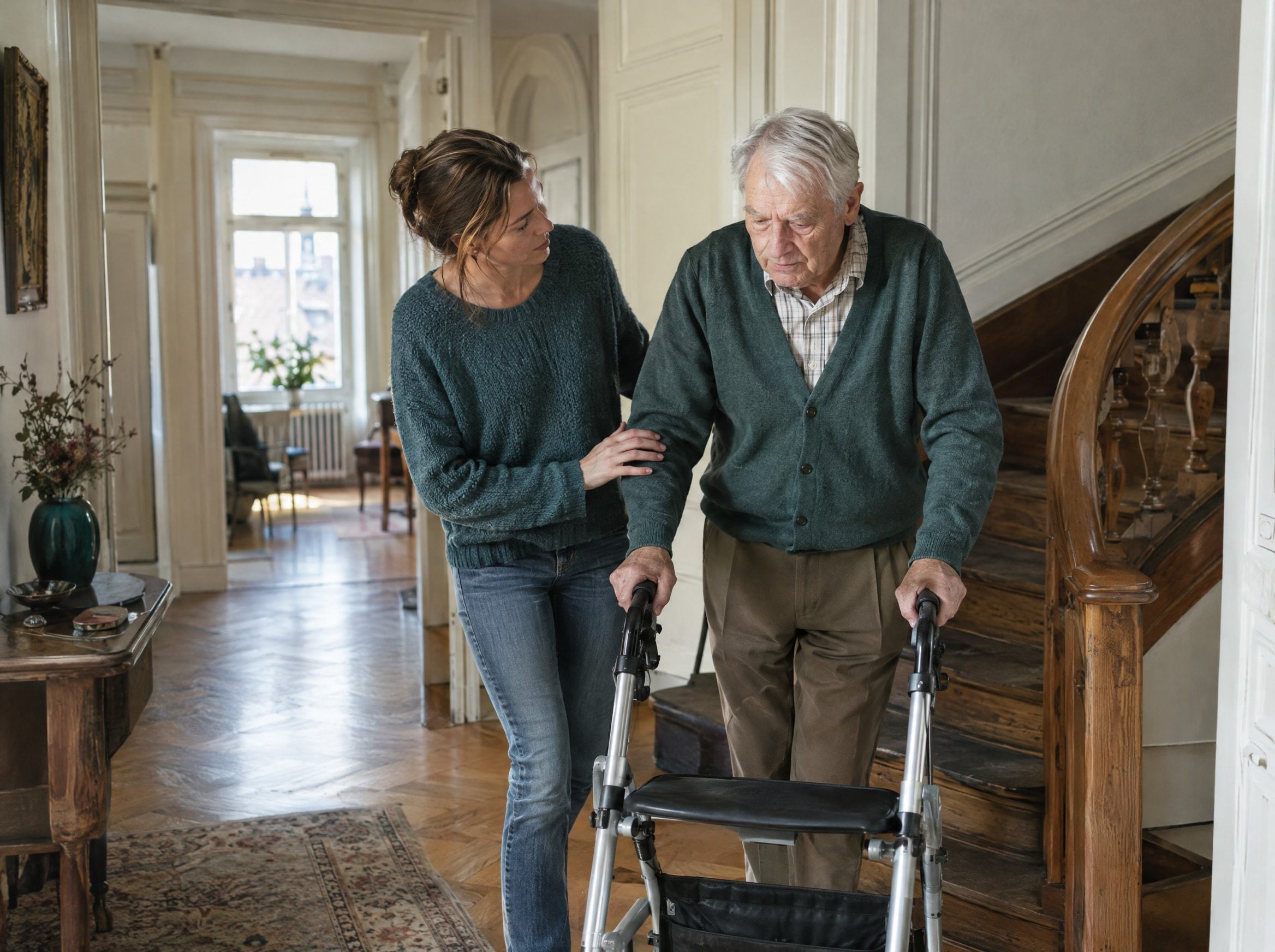 Une accompagnante aide un homme âgé avec déambulateur dans le couloir d’un appartement ancien (photo d’illustration)