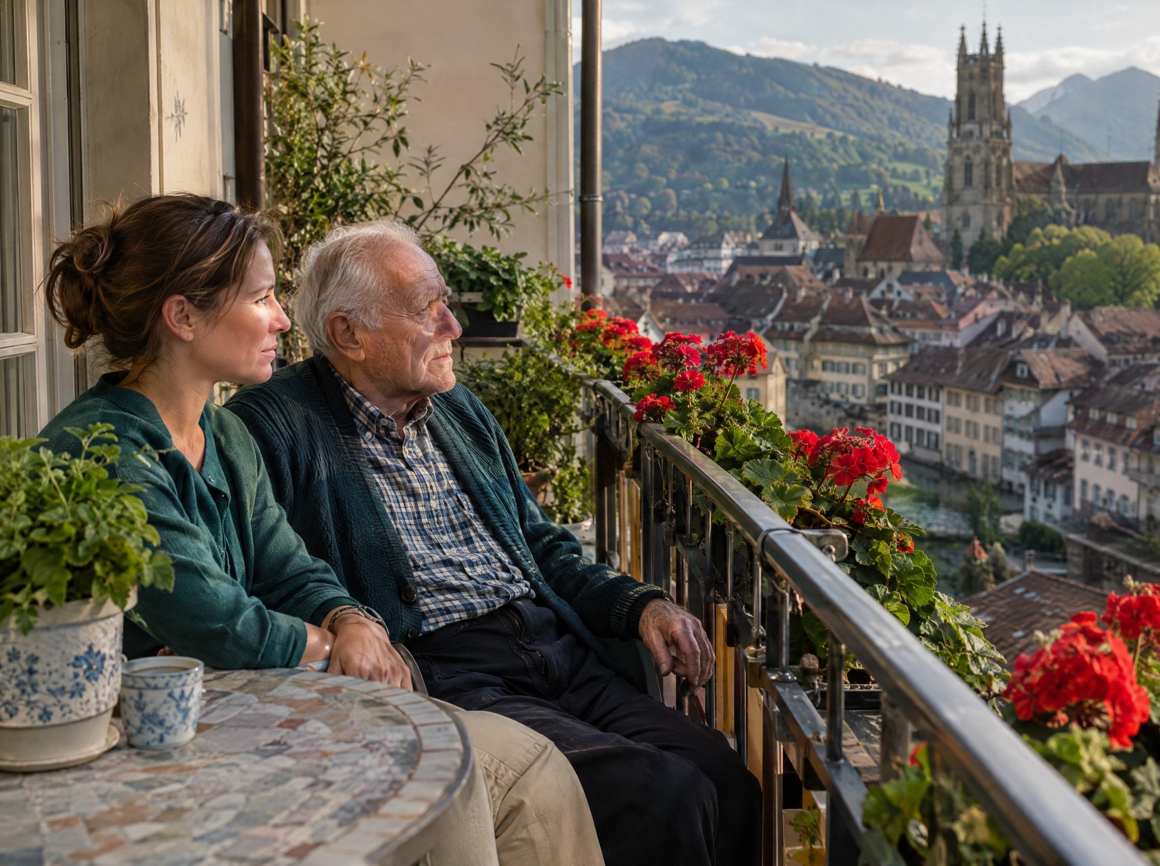 Un homme âgé et son accompagnante sur un balcon au-dessus des toits de Sion (photo d’illustration)
