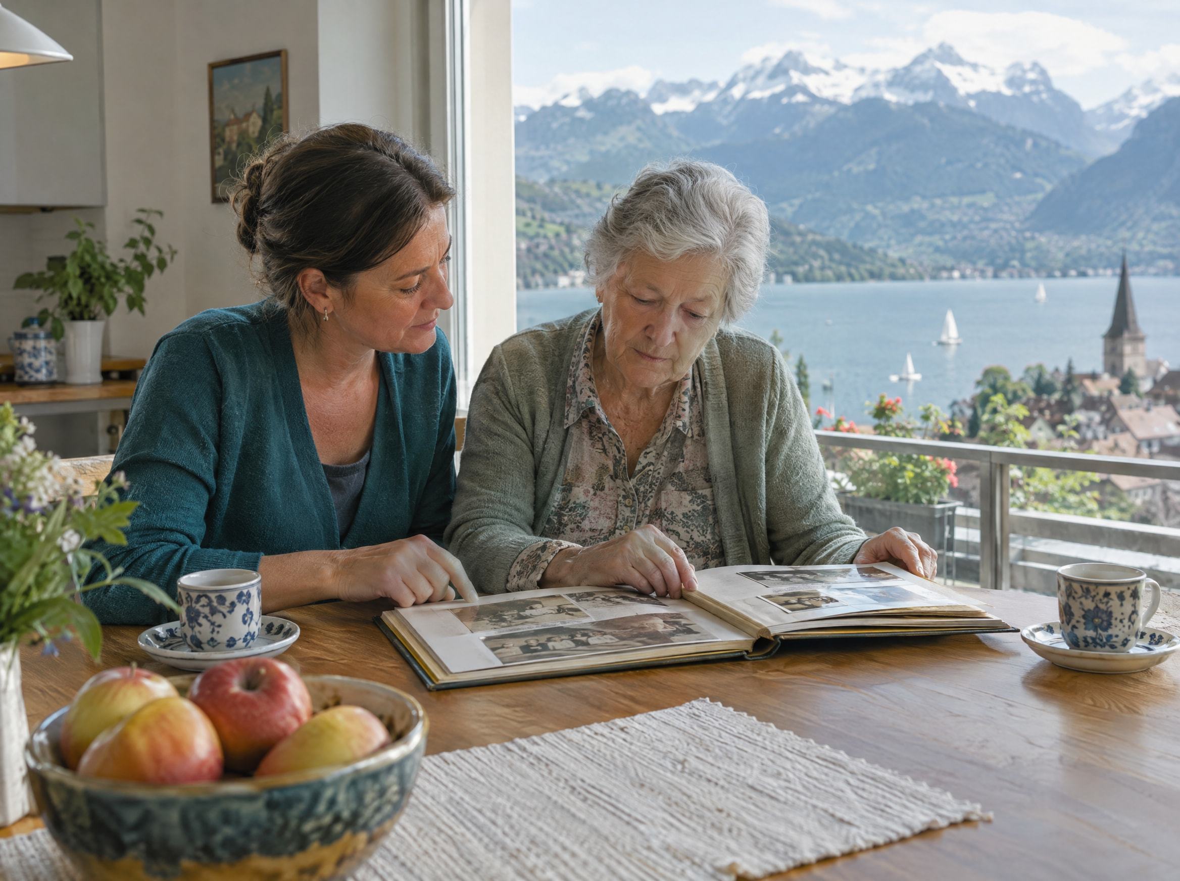 Une accompagnante et une dame âgée feuillettent un album photo à la table de la cuisine ; par la fenêtre, le lac et les montagnes (photo d’illustration)