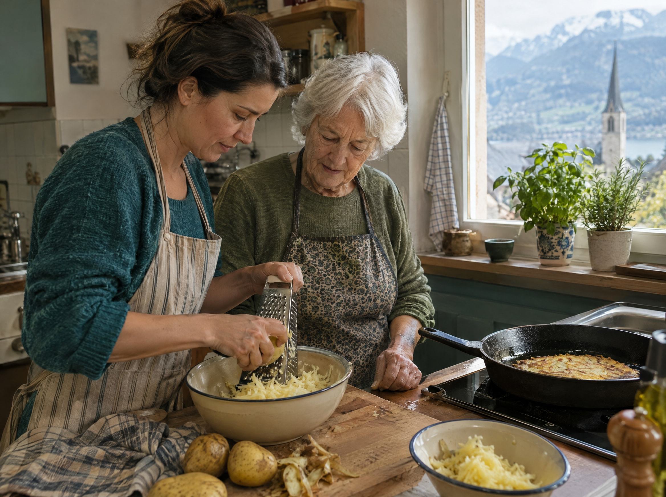 Seniorin und Betreuerin kochen gemeinsam Rösti in einer Winterthurer Küche (Symbolbild)