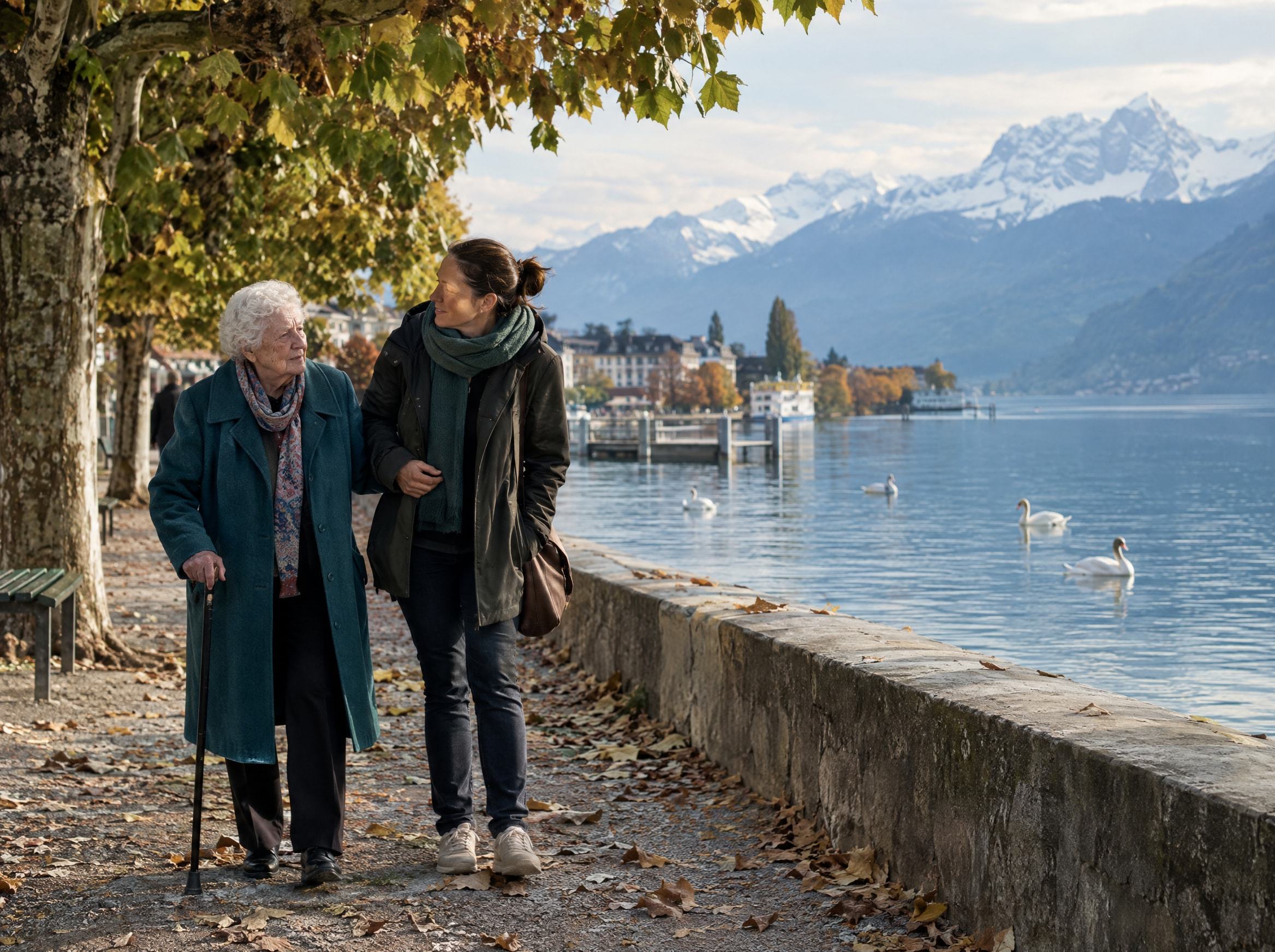 Une dame âgée et une accompagnante se promènent au bord d’un lac (photo d’illustration)