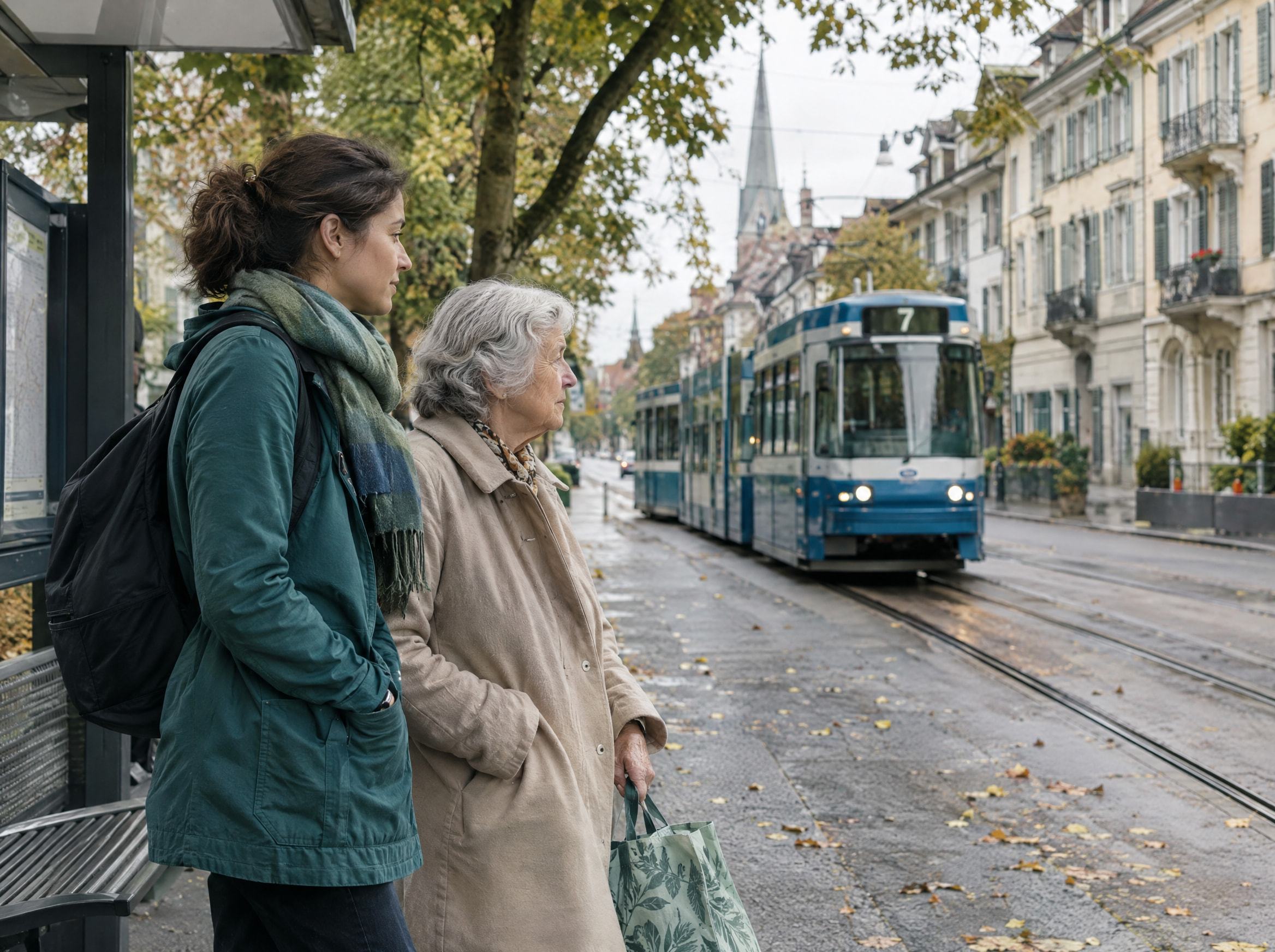 Betreuerin begleitet eine Seniorin an der Tramhaltestelle in der Stadt (Symbolbild)