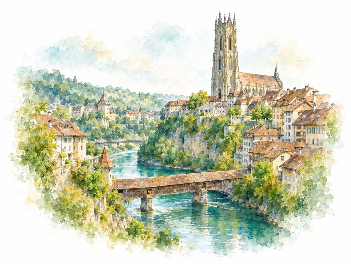 Illustration à l’aquarelle de la ville de Fribourg