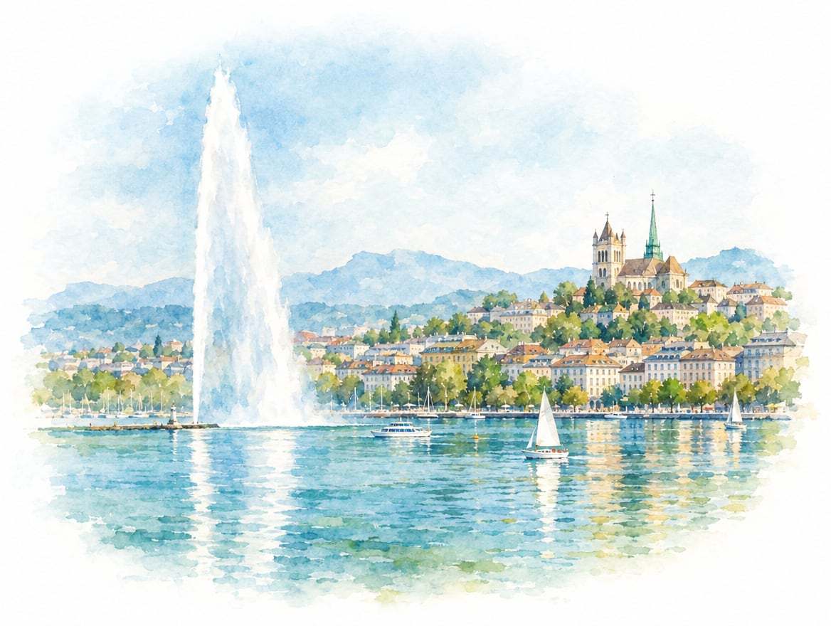 Illustration à l’aquarelle de la ville de Genève