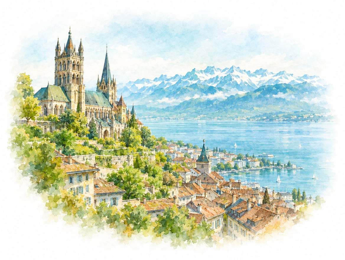 Illustration à l’aquarelle de la ville de Lausanne