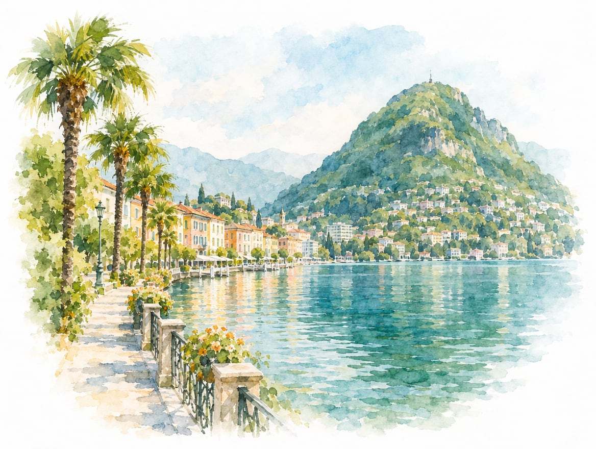Illustrazione ad acquerello della città di Lugano