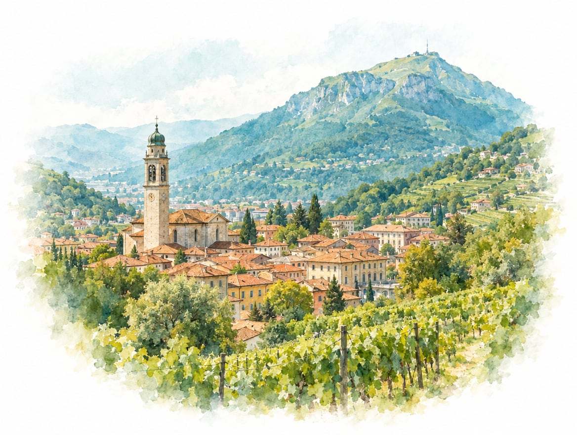 Illustrazione ad acquerello della città di Mendrisio