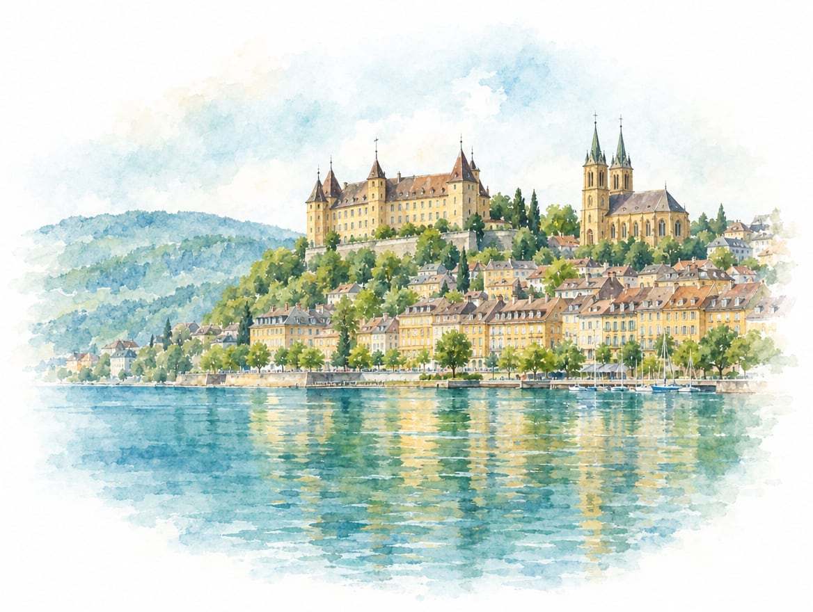 Illustration à l’aquarelle de la ville de Neuchâtel