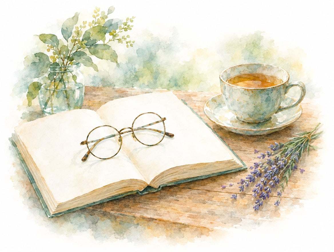 Aquarell: aufgeschlagenes Buch mit Lesebrille und Tasse Tee