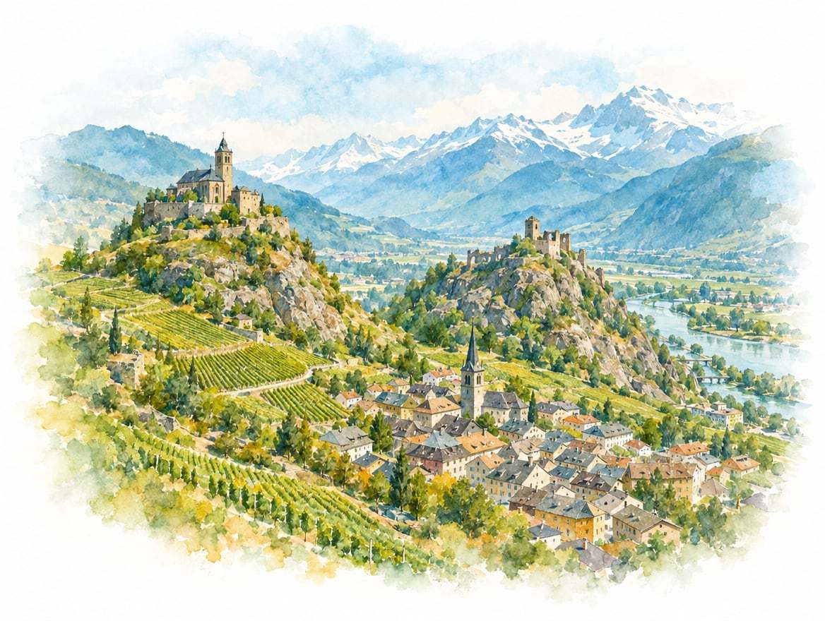 Illustration à l’aquarelle de la ville de Sion